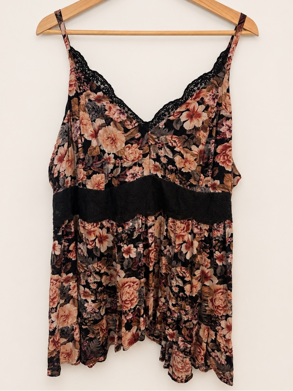 Torrid Size 3 Floral Lace Trim Babydoll Cami Top Black Pink Boho